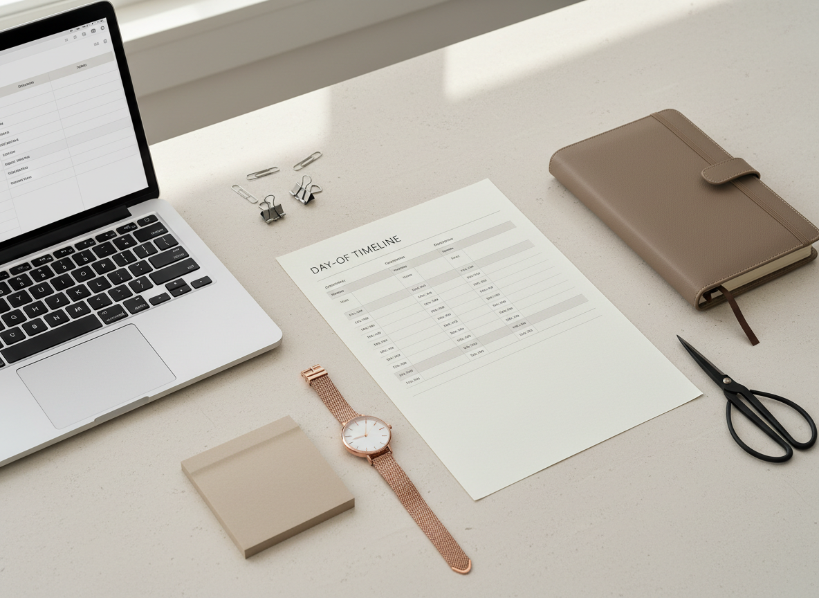 An elegantly arranged flat lay showcasing the behind-the-scenes tools of an event planner preparing a timeline. A slim, silver laptop with a muted, minimalist event schedule on screen sits partially open on a pale stone-colored desk. Beside it, a printed day-of timeline on thick, textured paper is aligned with a sleek, taupe leather planner and a slim rose-gold watch. Delicate paperclips, a muted sand-colored sticky note stack, and a pair of refined, matte-finished scissors rest nearby. Soft, indirect daylight from a nearby window creates subtle shadows and a calm gradient across the surface. Photographic realism with a slightly elevated angle and balanced composition conveys quiet efficiency, organization, and a polished, sophisticated workflow.