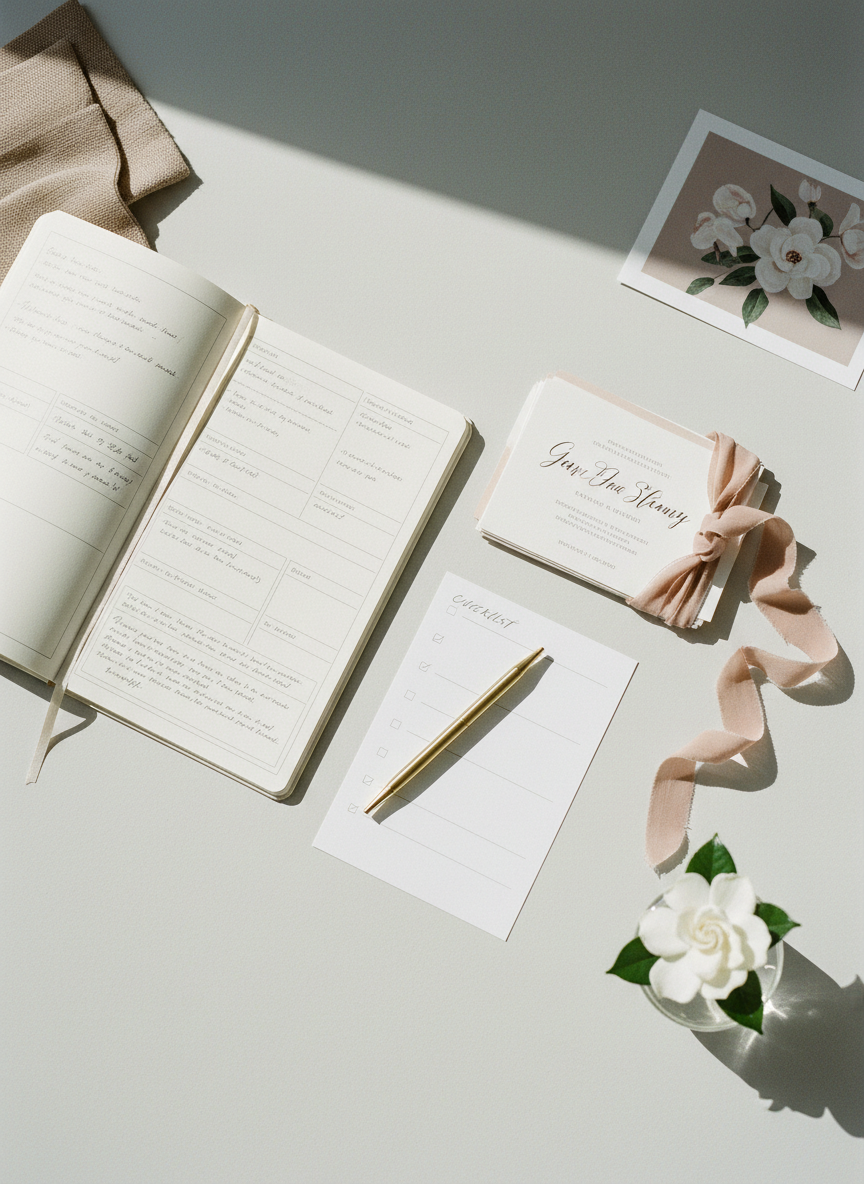 A meticulously styled flat lay of an elegant event planner’s desk, featuring an open linen-textured notebook with handwritten timelines, ivory and blush invitation mockups tied with silk ribbon, and a brass pen resting diagonally across a minimalist checklist. The desk surface is a pale dove-gray matte finish with subtle texture. A soft taupe fabric swatch, muted floral mood board card, and a small glass vase with a single white bloom appear at the edges, slightly out of focus. Diffused daylight from the left creates gentle gradients and refined shadows. Photographic realism with a minimalist composition, shot from a bird’s-eye view with shallow depth of field, evokes calm, control, and sophisticated preparation for a beautiful celebration.