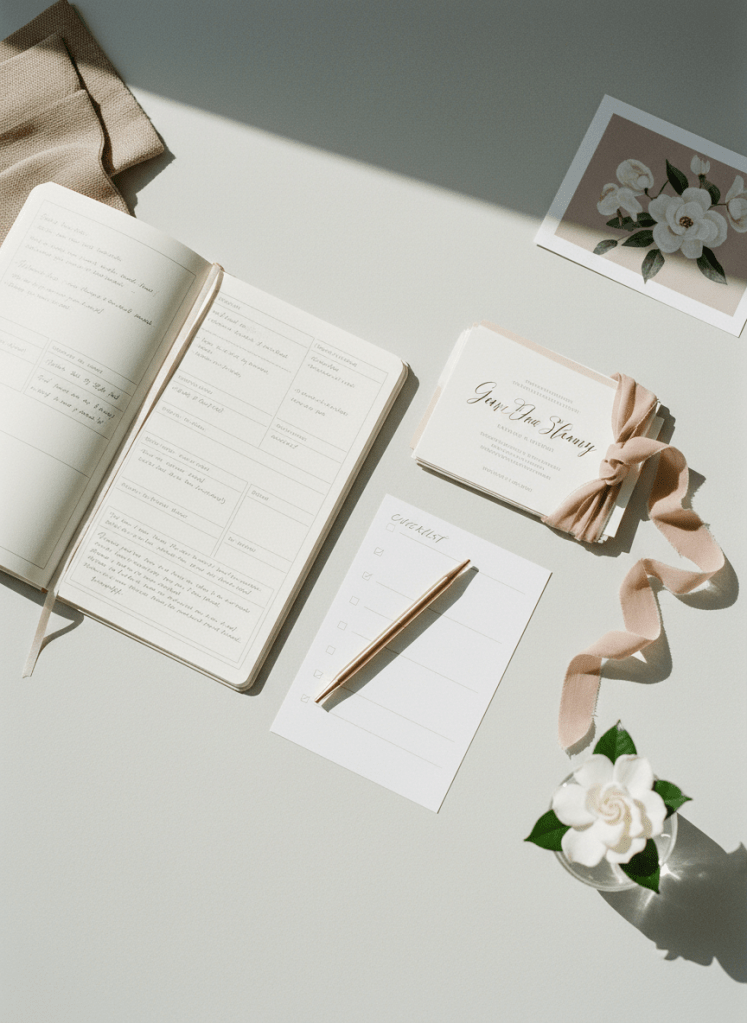 A meticulously styled flat lay of an elegant event planner’s desk, featuring an open linen-textured notebook with handwritten timelines, ivory and blush invitation mockups tied with silk ribbon, and a brass pen resting diagonally across a minimalist checklist. The desk surface is a pale dove-gray matte finish with subtle texture. A soft taupe fabric swatch, muted floral mood board card, and a small glass vase with a single white bloom appear at the edges, slightly out of focus. Diffused daylight from the left creates gentle gradients and refined shadows. Photographic realism with a minimalist composition, shot from a bird’s-eye view with shallow depth of field, evokes calm, control, and sophisticated preparation for a beautiful celebration.