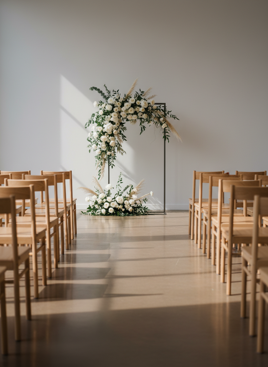 A serene ceremony setup in a minimal indoor space, with rows of simple, light-wood chairs arranged in perfect symmetry on a smooth, warm-gray concrete floor. At the front, a graceful asymmetrical floral installation climbs a slender metal frame in muted tones of white, cream, and soft greenery, with a few dried elements for texture. The backdrop is a clean, matte off-white wall with no distractions. Gentle natural light pours in from unseen tall windows, casting soft, elongated shadows and highlighting the structure of the florals. Photographic realism, captured from a centered, low-angle perspective looking down the aisle with a gradual blur toward the back, creates a tranquil, sophisticated atmosphere of anticipation and intentional design.